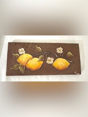 Vintage Lemon Handpainted Wood Plaque Wall Art Decor Home Decor Fruit Cottage